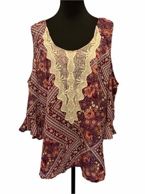 Living Doll Los Angeles 2X Burgundy Floral Cold Shoulder Crochet Boho Top